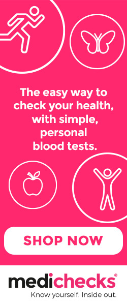 Pink Medichecks banner, reading "The easy way to check your health, with simple, personal blood tests". Clicking the image opens a new page for the Medichecks website.