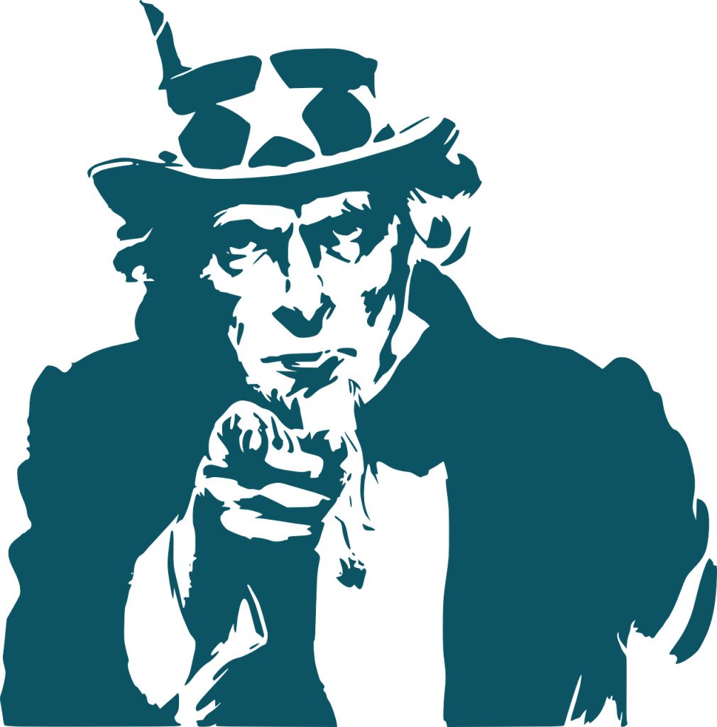 An Uncle Sam style image silhouette in dark green with a finger pointing towards us.
