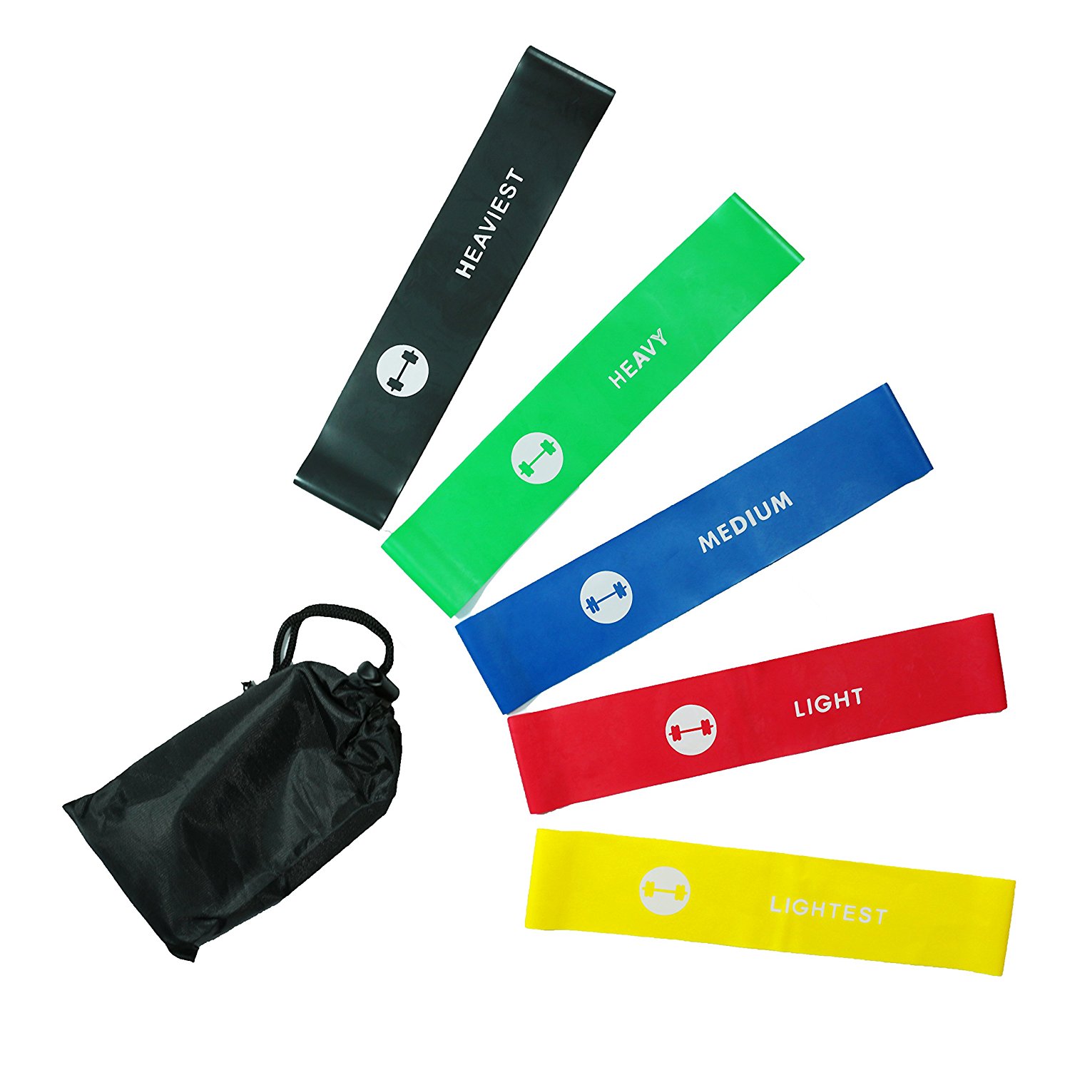 Photo of five different coloured resistance bands, with a small bag to keep them in.
