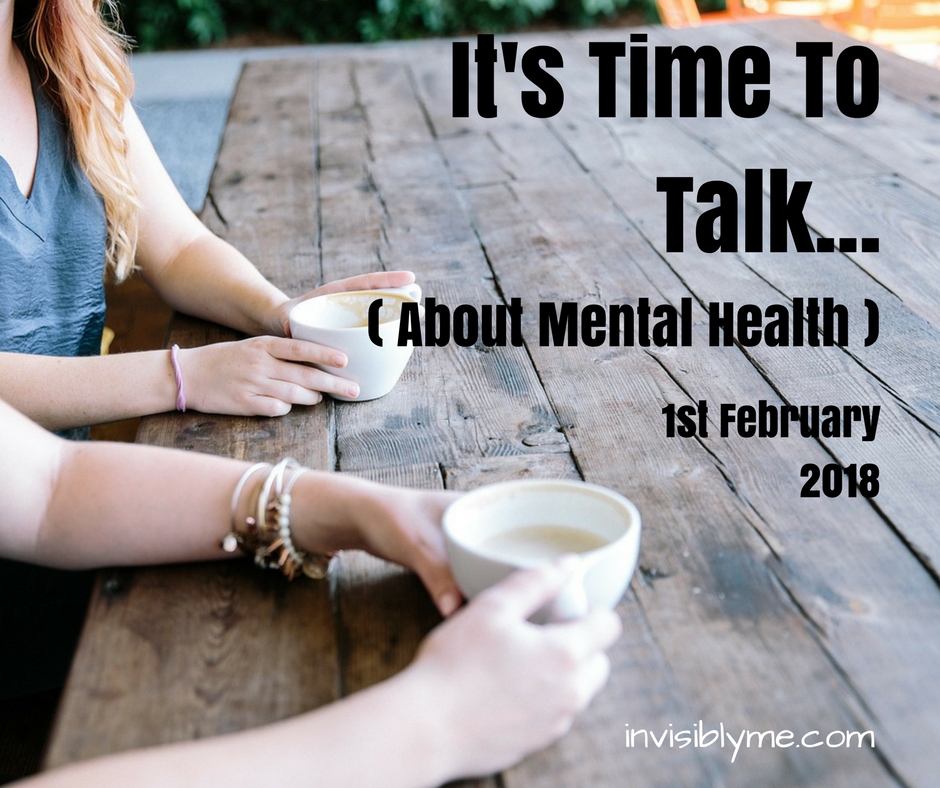 Two women showing mostly just their forearms as they hold cups of coffee, sat down at a long wooden table. Overlaid is the post title: It's time to talk about mental health 1st February 2018.