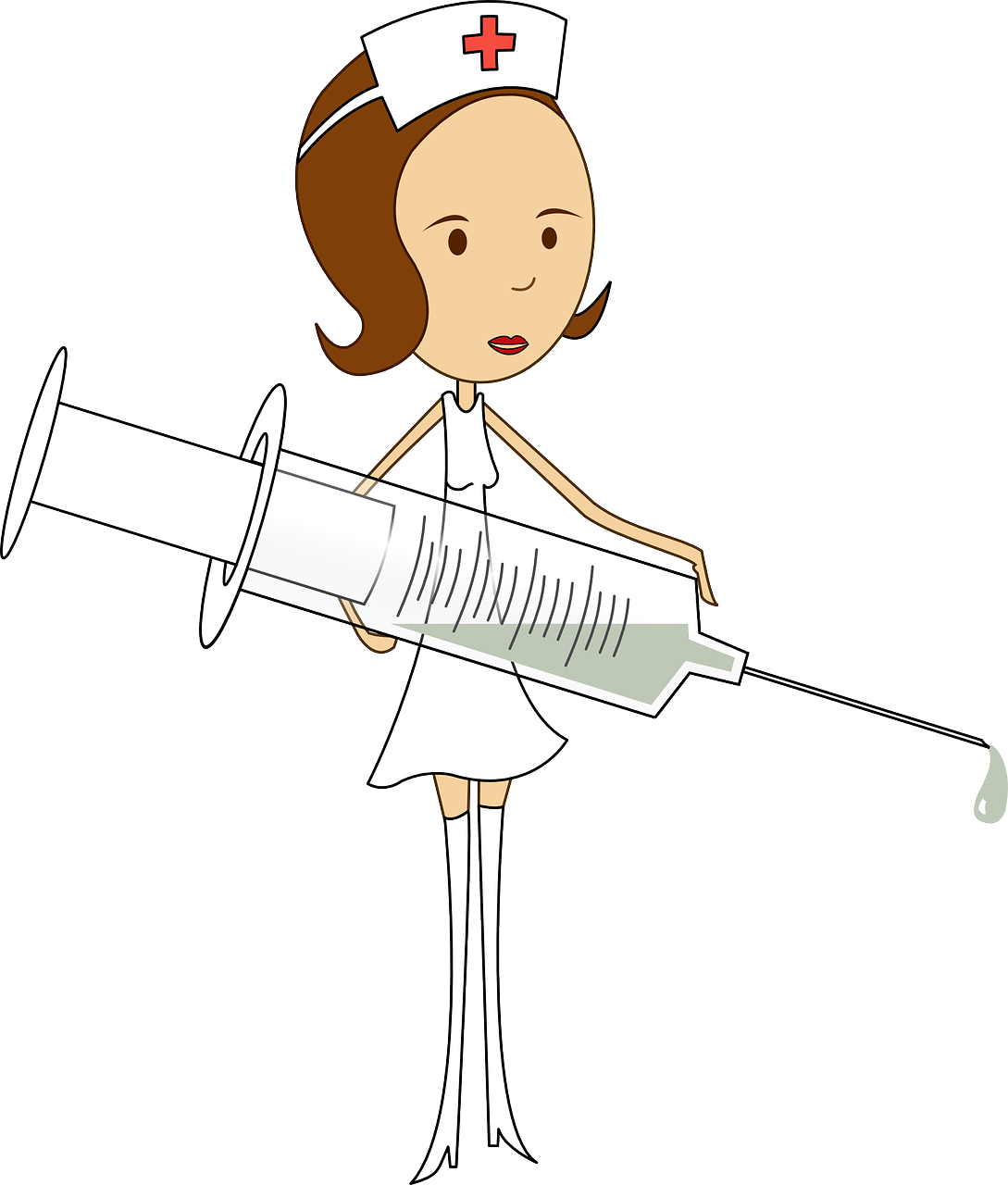A cartoon nurse holding a huge injection needle.