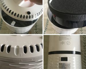 A collage of four pictures showing the set up of the air purifier, such as inserting the filter.