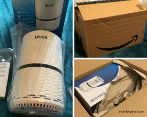 A collage of three pictures, showing the Amazon box and opening of the air purifier.