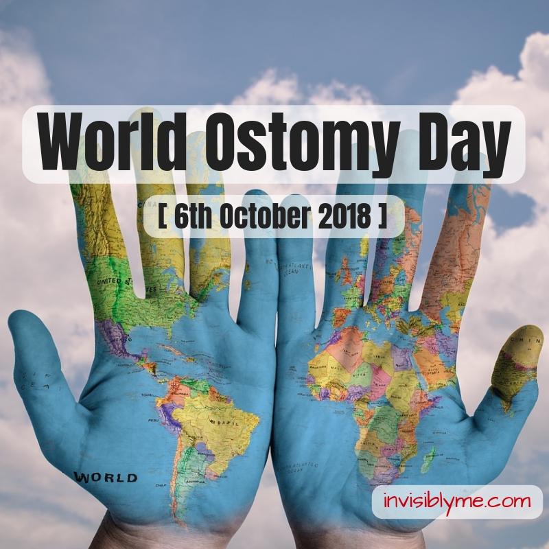 A cloudy blue sky in the background. To the foreground are two hands painted blue with the world map design over them. Overlaid it reads "World Ostomy Day 2018".