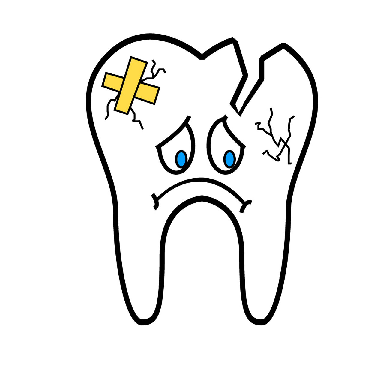 A drawing of a tooth looking sad and cracked with a plaster on the top corner.