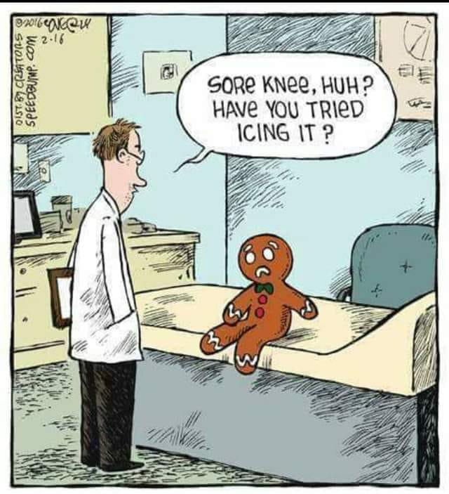 A cartoon of a doctor and gingerbread man in his office. The doc says "sore knee, huh? Have you tried icing it?"