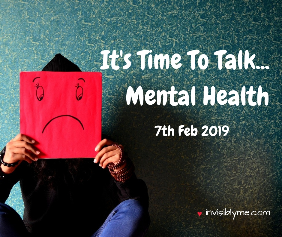 A person sitting down against a dark blue wall holding up a red square with a sad face drawn on it to cover his/her face. To the right of that is "It's time to talk... mental health 7th Feb 2019".