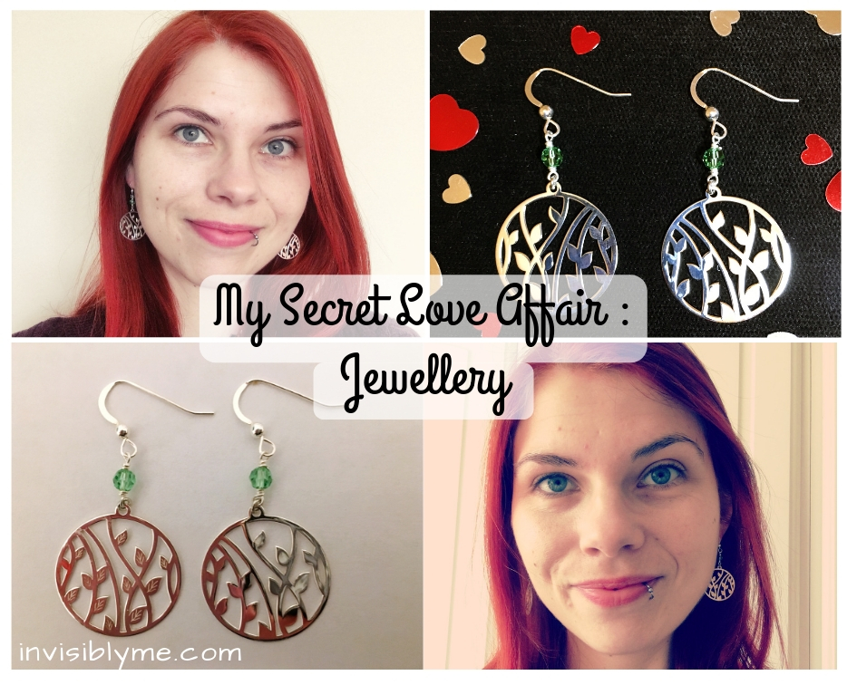 A collage of four images, two of the flower earrings and two of me wearing them. In the middle is the post title : My Secret Love Affair - Jewellery.