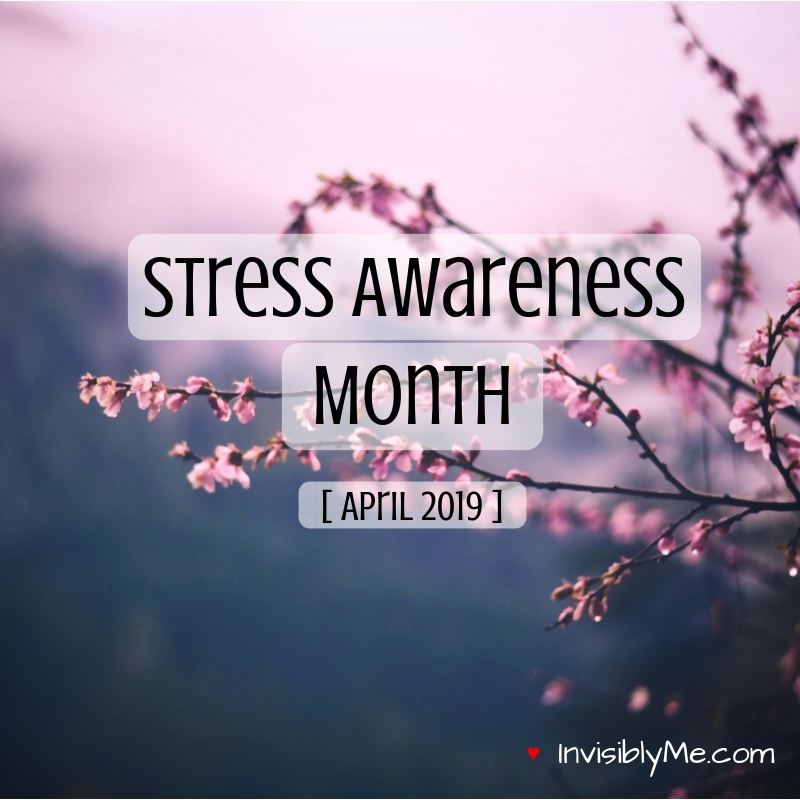 A pinky purple background going to black at the bottom, with pink blossom tree branches stretching over from the right. The post title is overlaid : Stress Awareness Month April 2019.