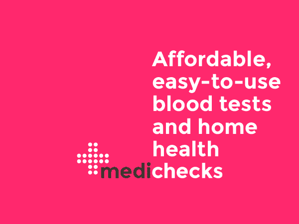Medichecks logo with a link to find out more about their home test kits.