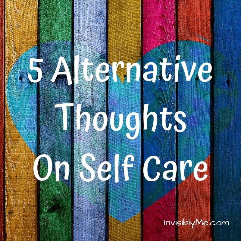 A wooden plank background in multi-colour, with a blue-tone heart in the middle. The post title is in white in the middle: 5 alternative thoughts on self-care.
