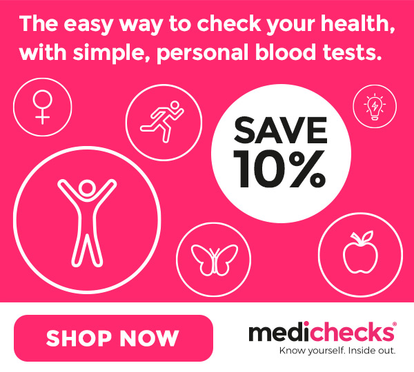 A Medichecks ad with a coral pink background and white text, with cartoon images of things like people, butterflies and apples. It says: "The easy way to check your health with simple personal blood tests" plus "Save 10%" with the Invisibly Me code included in the post.