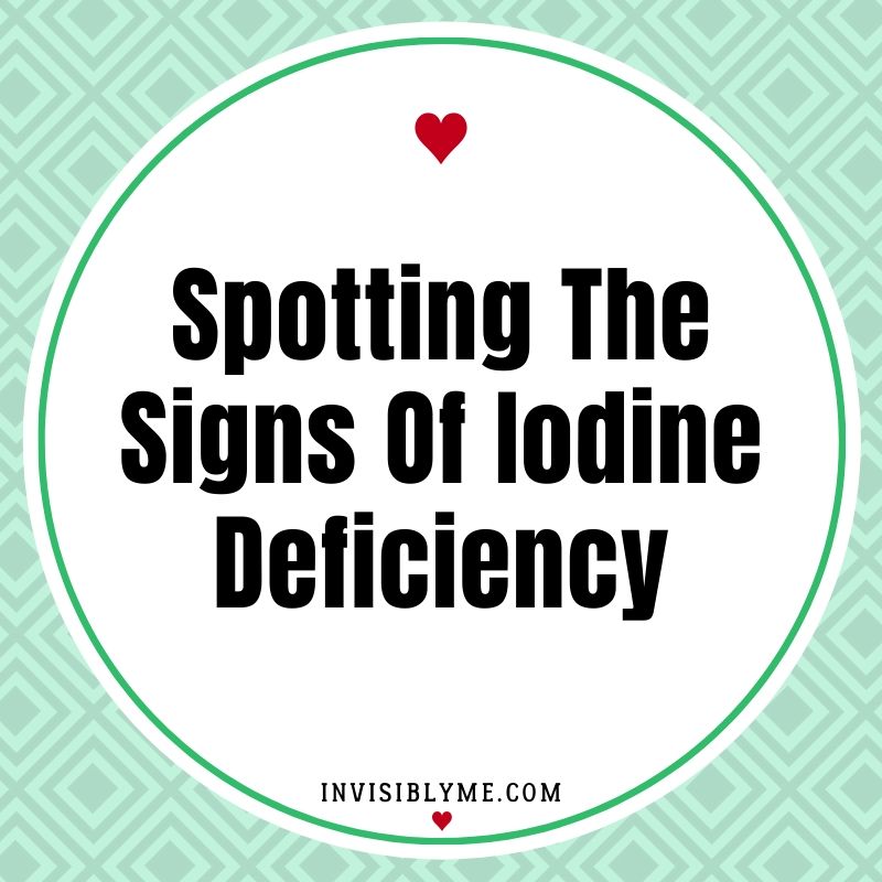 A green coloured diamond pattern background with a large white circle in the middle where the title can be found : Spotting the signs of iodine deficiency.