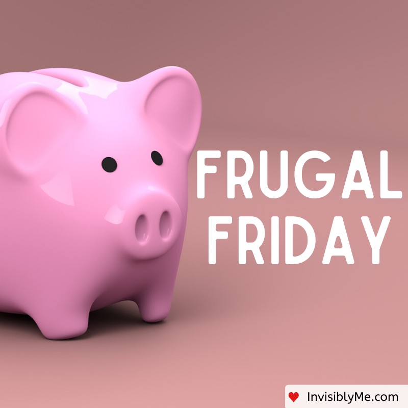 A pink piggybank to the left, with a pinky beige background. The words 'Frugal Friday' are in white to the right of the piggybank.