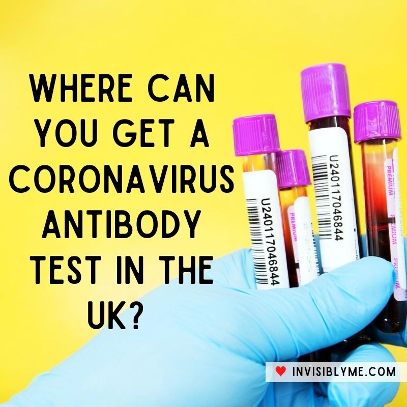 A yellow background with a blue gloved hand holding three vials of blood samples. To the left is the title: Where can you get a coronavirus antibody test in the UK?