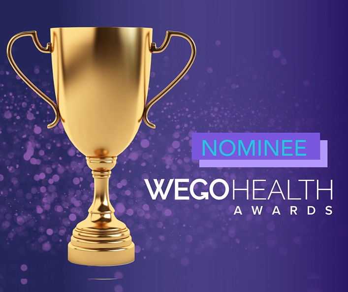 A purple background with a gold trophy to the left. This is the 'nominee' badge for the Wego Health Awards.