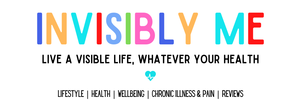 InvisiblyMe logo with the words 'Invisibly Me' in multicolours, a different colour for each letter. Underneath it reads "live a visible life, whatever your health". Below that is: Lifestyle, health, wellbeing, chronic illness & pain, reviews.