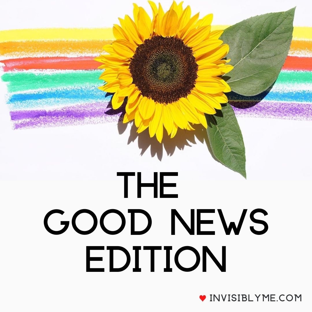 Horizontal rainbow stripes on a white background are to the top, done in what looks like chalk paint. On top is a real sunflower head. Below this is the post title in black against the white background : The good news edition.