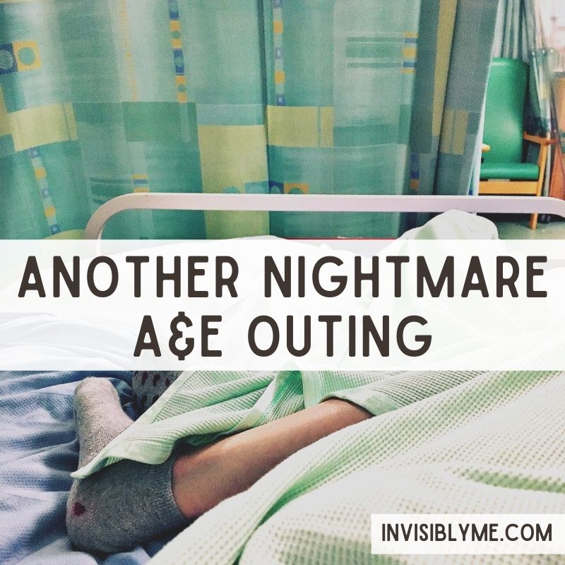 A photo I took looking town at my legs wrapped in green and blue blankets on the bed in the ward after my A&E admission. Overlaid is the title: Another Nightmare A&E Outing.