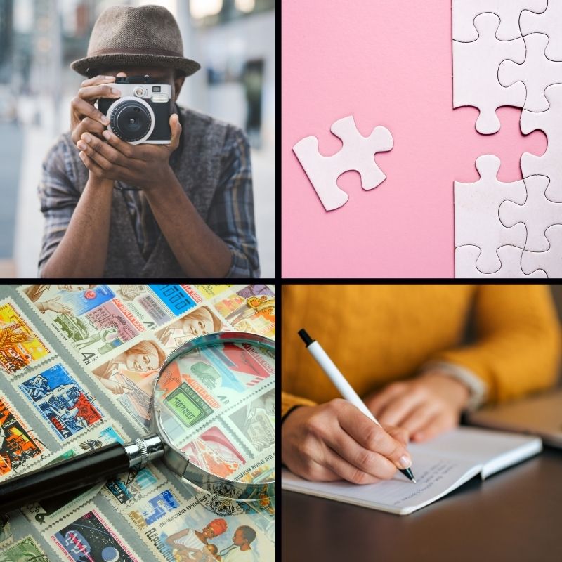 A collage of four photos showing different hobbies, with hobbies being one way to distract yourself from chronic pain. In the top left is a man taking photographs, the top right is a jigsaw puzzle. The bottom left shows stamps with a magnifying glass, and the bottom right shows a woman writing in a notebook.