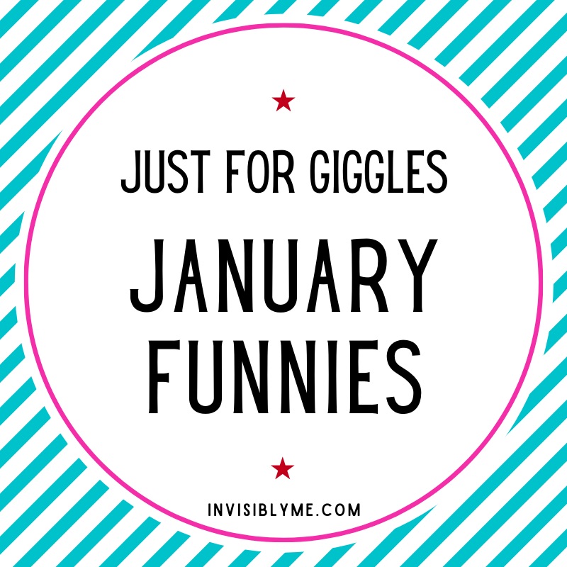 A turquoise green & white diagonal stripe background. A thin pink circle in the middle of this in which 'Just For Giggles. 'January Funnies' is written.