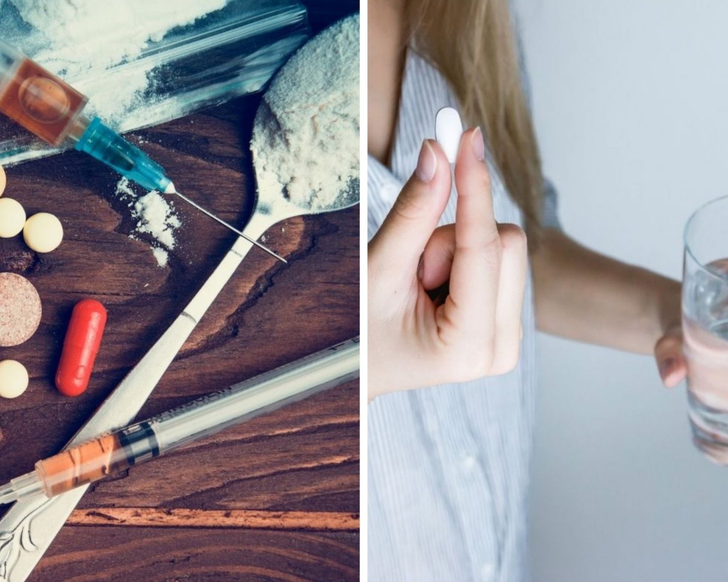 A collage of two photos showing the difference between the opioid crisis with illegal use and misuse, and chronic pain medicating. To the left : A birds eye view close up of a wooden table, with a spoon full of powder, two syringes, a baggie of powder and various pills strewn about to indicate the illegal aspects of the opioid crisis. To the right : A close up of a woman with a glass of water in one hand and a white pill in the other.