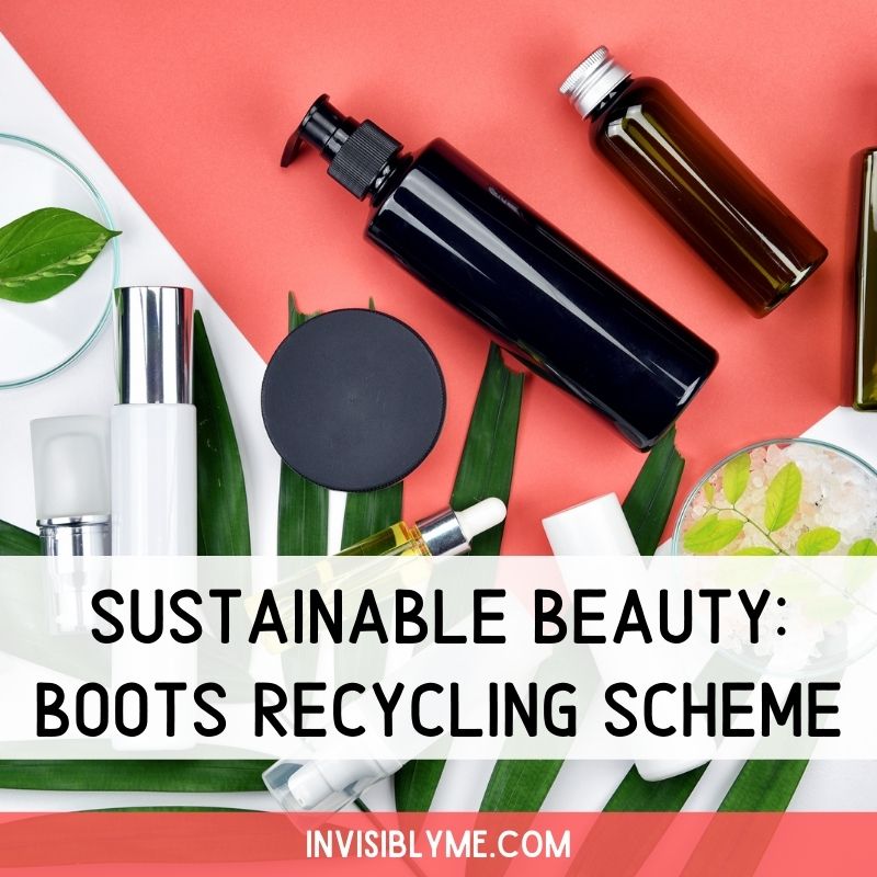 A birds eye view of a peach-coloured desktop with green leaves on it to decorate and various beauty bottles and dispensers. Overlaid is the post title - Sustainable Beauty: Boots Recycling Scheme.