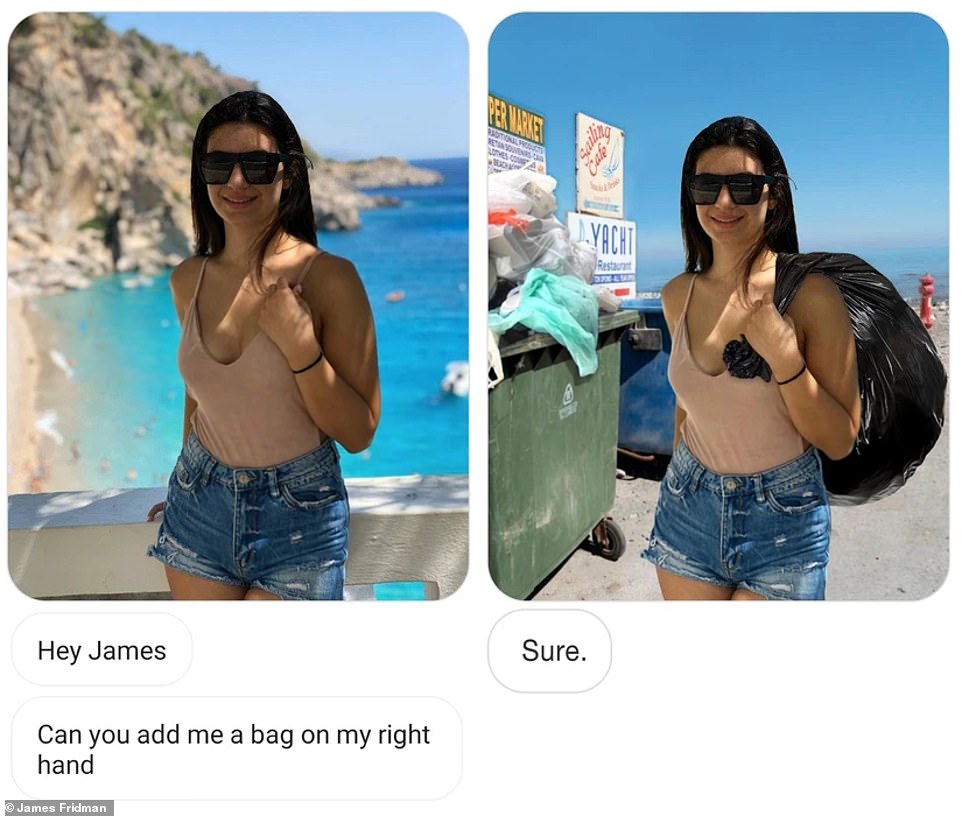Two images from social media of a woman writing a request to James. On the left is the original photo of a woman wearing a strappy top of short shorts with the beach behind her. Her right arm is up and she's holding the strap of her top. She's asked james to "add me a bag on my right hand". In the edited photo on the right, there are garbage bins overflowing with rubbish and she's got a black bin bag slung over her shoulder.