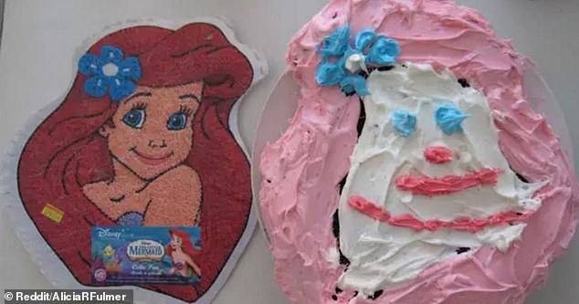 A birds eye photo of a cut out image of a Little Mermaid character to the left, and to the right a rather bizarre pink and white icing cake someone has made that looks nothing like her.
