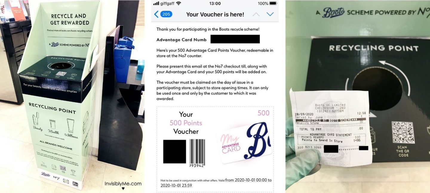 A trio of photos showing the Boots Recycling large cardboard box in store, the email voucher, and a close up of the top where you drop in the products as I hold the receipt showing my points.