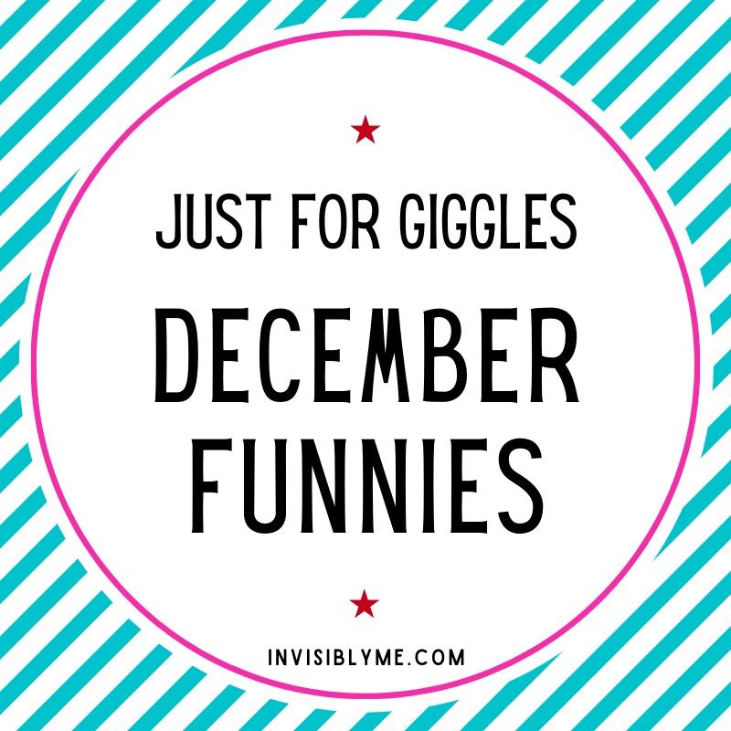 A turquoise green & white diagonal stripe background. A thin pink circle in the middle of this in which 'Just For Giggles. 'December Funnies' is written.