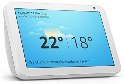 The Amazon stock photo of the sandstone (white to beige) version of the Echo Show 8, with a larger face. It's displaying a blue background with the date and weather information.