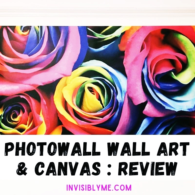 A photo of the canvas on my wall, which features rainbow coloured roses. Below this is the post title : Photowall wall art and canvas review.