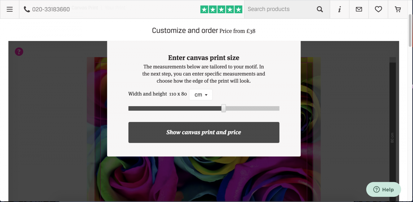 A screenshot of the Photowall website showing the tool to select your canvas print size. You move the slider along to choose the height and width, then press a button to calculate the price.