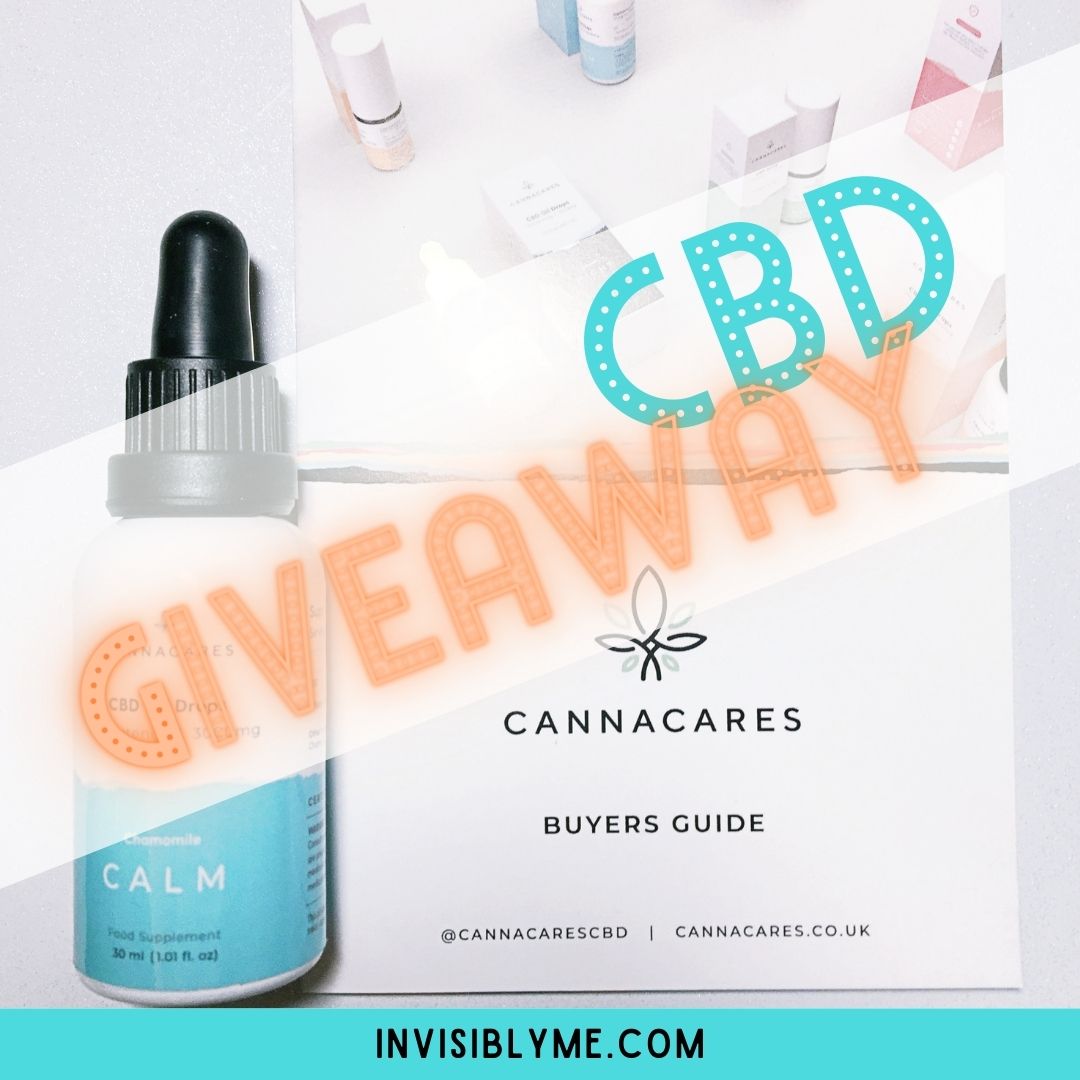 A close up photo I took of the Cannacares CBD Calm bottle that I was gifted for review alongside the buyers guide leaflet. Overlaid is a horizontal stripe with the words "CBD Giveaway" in green and orange.