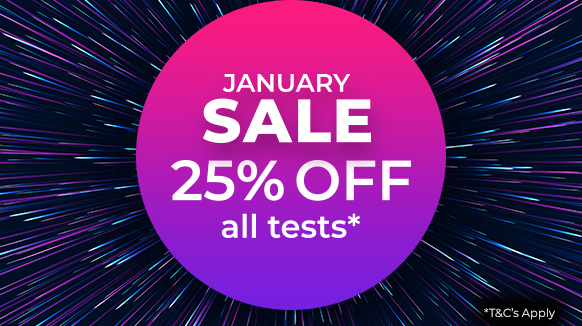 A banner ad for Medichecks home blood tests with a dark background and colourful lines over it, and a large pinky purple circle in the middle saying 'January Sale 25% off all tests'. There's an asterisk to say that Terms & Conditions apply.