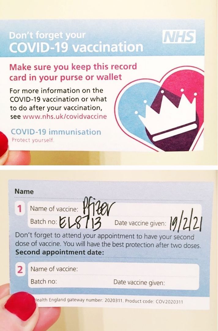A collage of two photos showing the Covid19 Vaccination Card given at the appointment. The top photo shows the front of the card, which advises you keep the card in your purse/wallet. The second is the back of the card, with spaces for the name of the vaccine, batch number and date given of both doses.