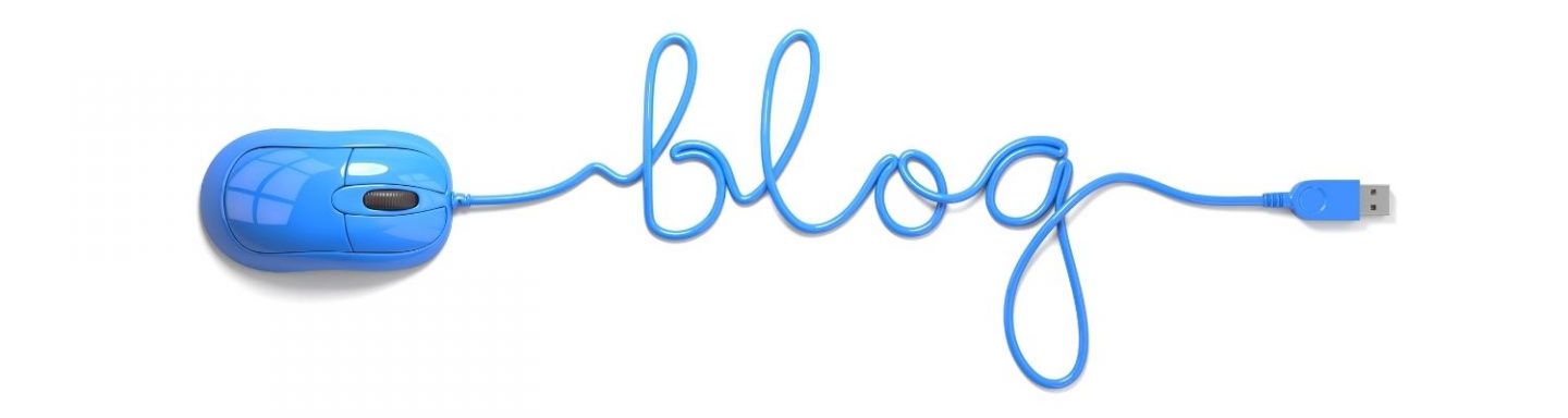 A long rectangular image with a white background. There's a blue computer mouse and a long cord with USB connector at the end. The cord spells out the word 'blog'.