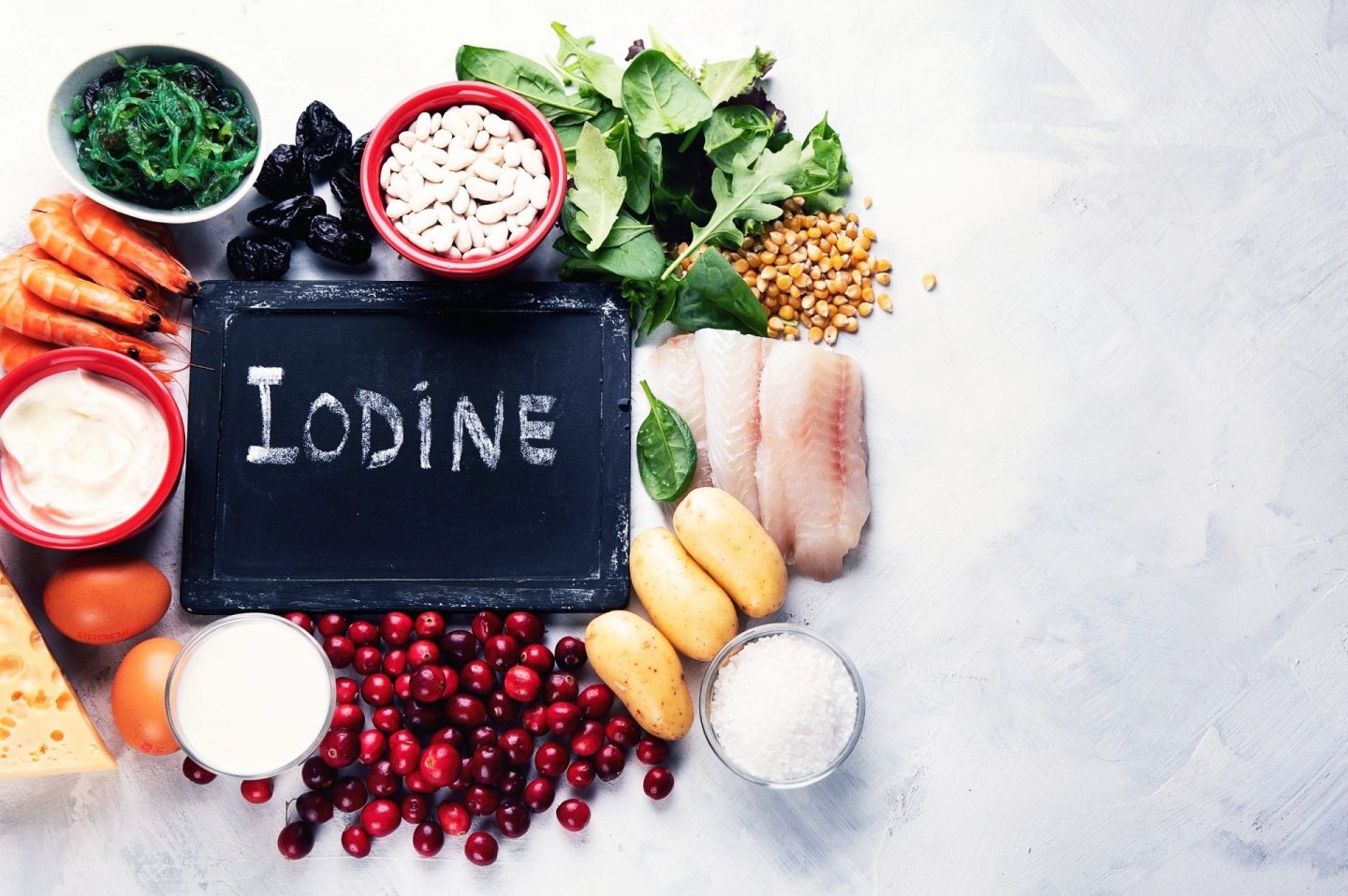 A birds-eye photo of a white marble tabletop on which is a range of food products, like seafood, milk, dairy, leafy vegetables. In the middle is a mini chalk board with 'iodine' written on it, to show the dietary sources of iodine.