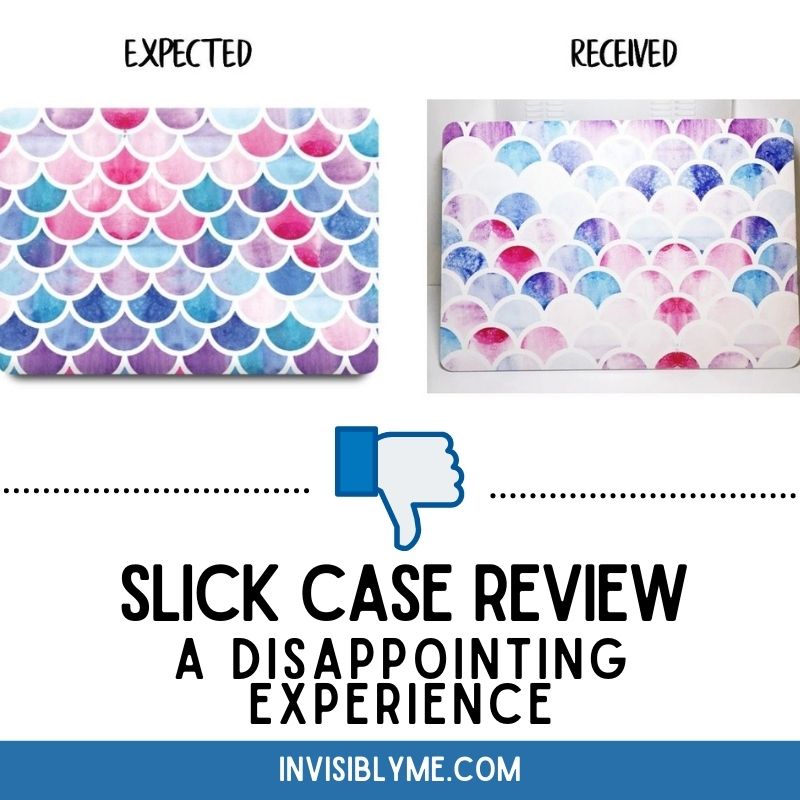 At the top are two images. To the left it says 'expected', with an image of the colourful Macbook case from the Slick Case website. To the right it says 'received', an a photo of the washed out case I actually received. Below is a thumbs down Facebook-style icon and the post title: Slick Case review, a disappointing experience.