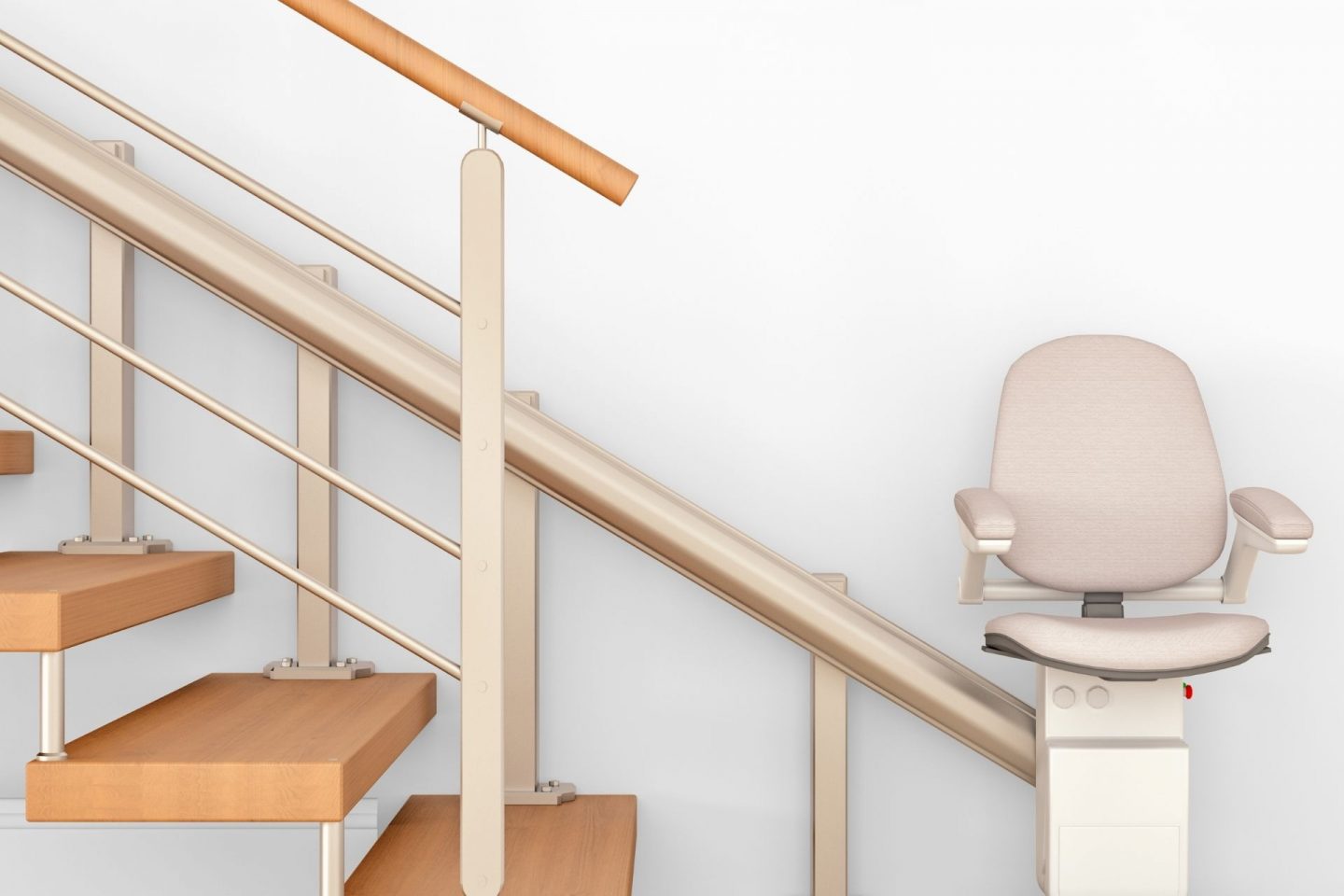 A photo of a staircase against a white wall. The stairs are plain and modern, with nothing underneath them. A beige stairlift is attached with a rail.