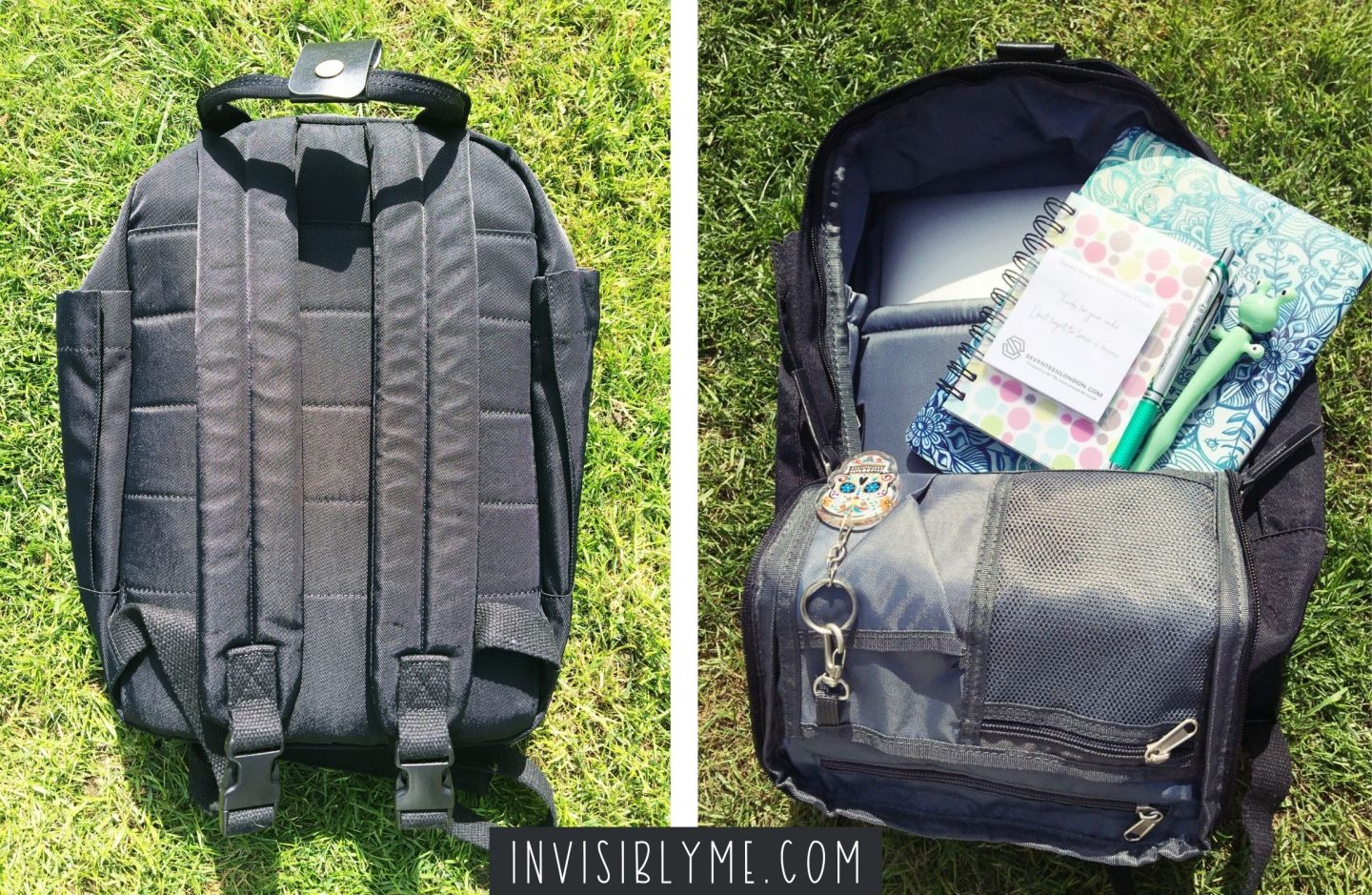 A photo collage of two photos side by side showing the Seventeen London backpack in my review. On the left, the back is on the grass showing the back of the bag with the straps. On the right, the bag is again on the grass but unzipped, with a laptop, notebooks and pens inside.