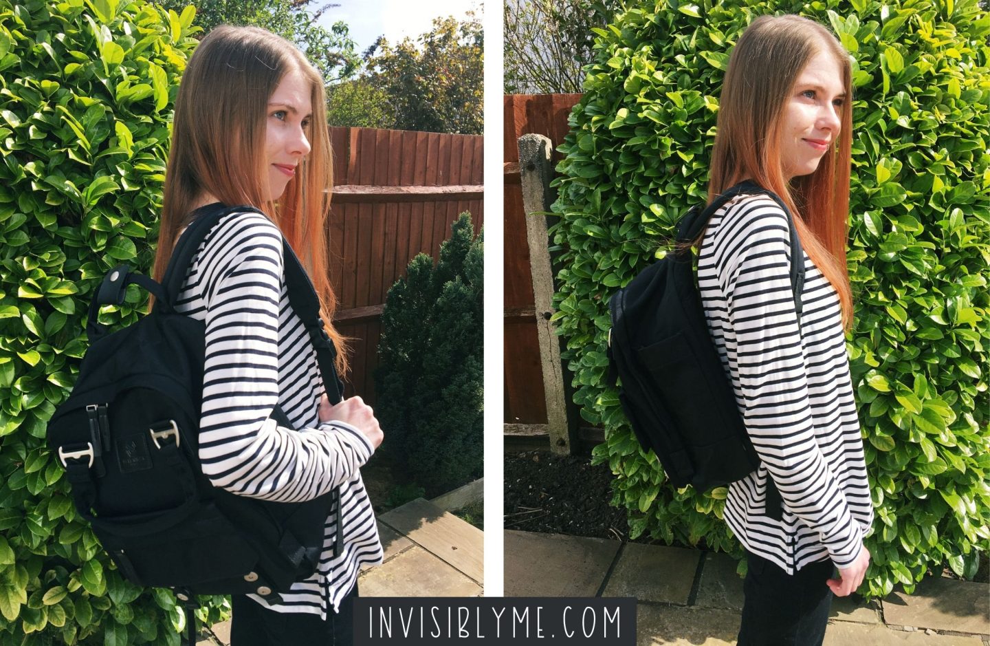 A photo collage of two photos side by side showing the Seventeen London backpack in my review. I'm wearing a black and white stripe long top, stood in the garden by a green bush. In the left, the bag is on my right shoulder only, showing the fit and depth. On the right, it's on both shoulders and I'm turned to the side.