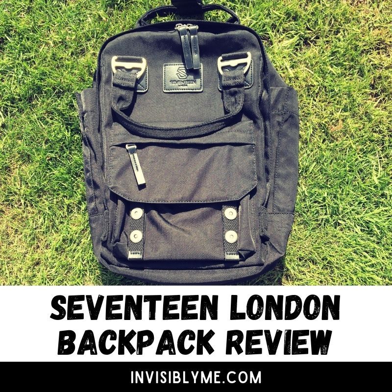 A bird's eye photo I took of my black Seventeen London backpack on the grass in my garden. Below is the post title: Seventeen London Backpack Review.