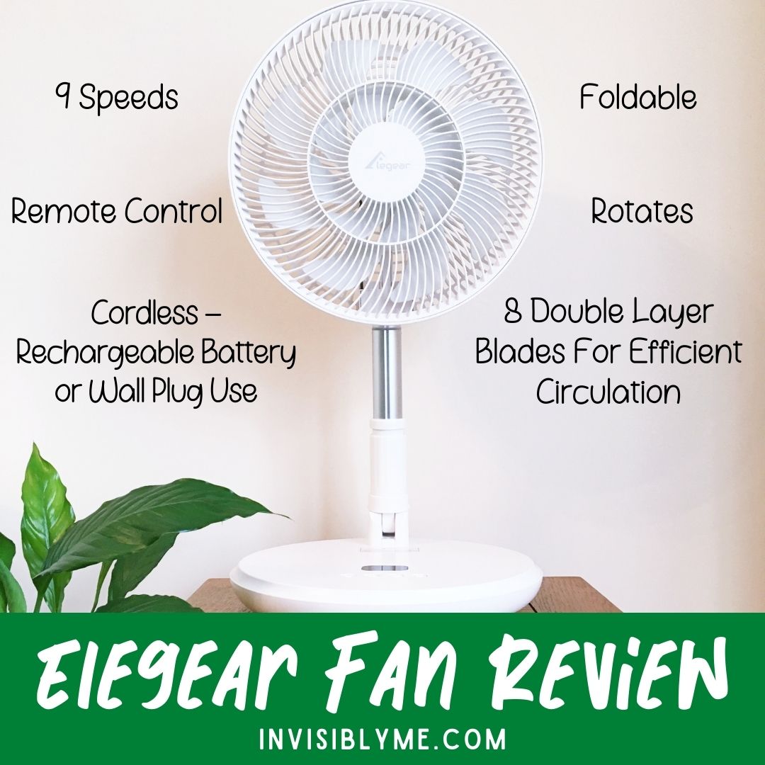 A photo of the Elegear fan on a small wooden table in the living room. There are some green leaves from a plant next to it. The fan is on the shortest height. Around the fan are text labels listing some of the key points of the fan featured in the review, like "9 speeds" and "foldable". Below this is the title: Elegear fan review.
