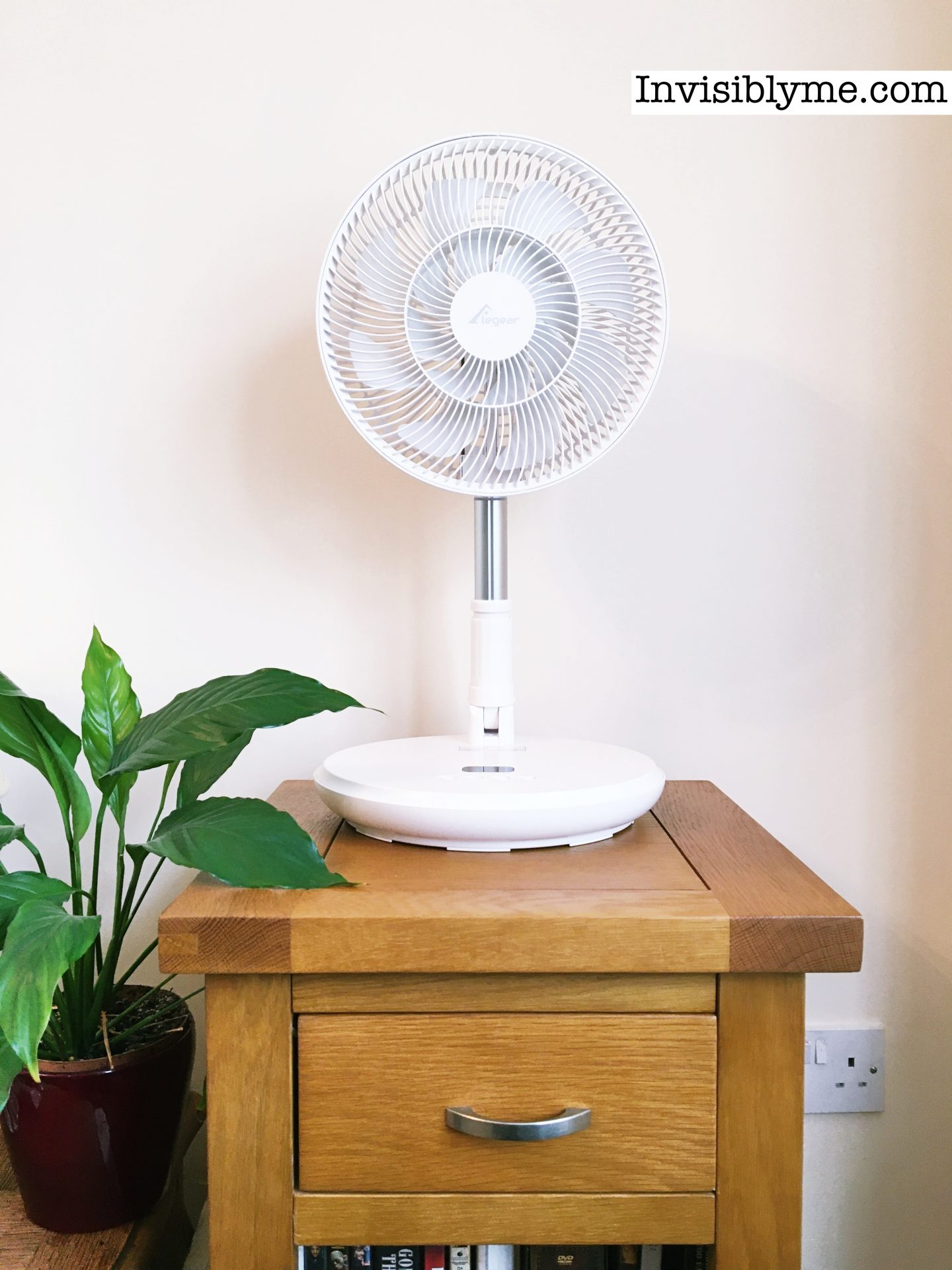 A photo of the Elegear Fan I have reviewed. It's white with a large round base. It's sat on a small table in the living room with a leafy plant to the left of it. The fan is at the shortest height.
