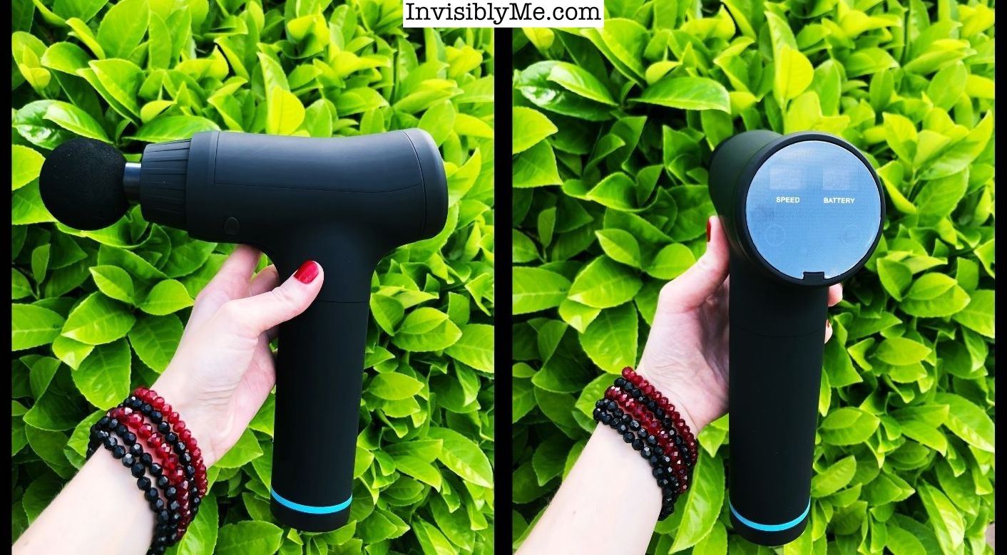 A collage of two photos of my hand holding the Actigun massage gun gifted for this review. The gun is set against the green of the tree in the garden. The first photo is the Actigun on the side, the second shows the digital display on the back, which faces you as you use it.