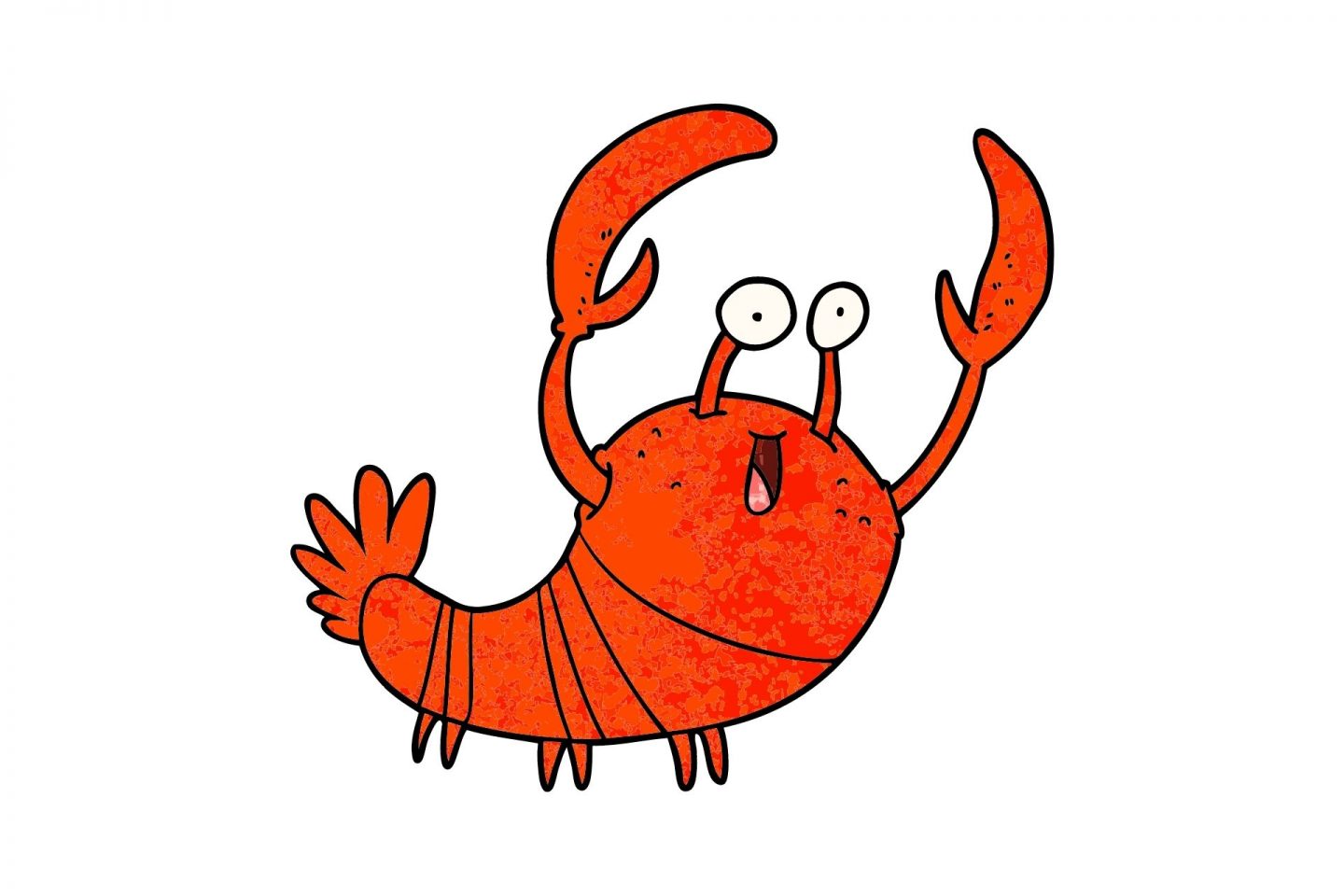 A drawing of a brightly coloured lobster against a white background, with its pincers up and a smile on its face.