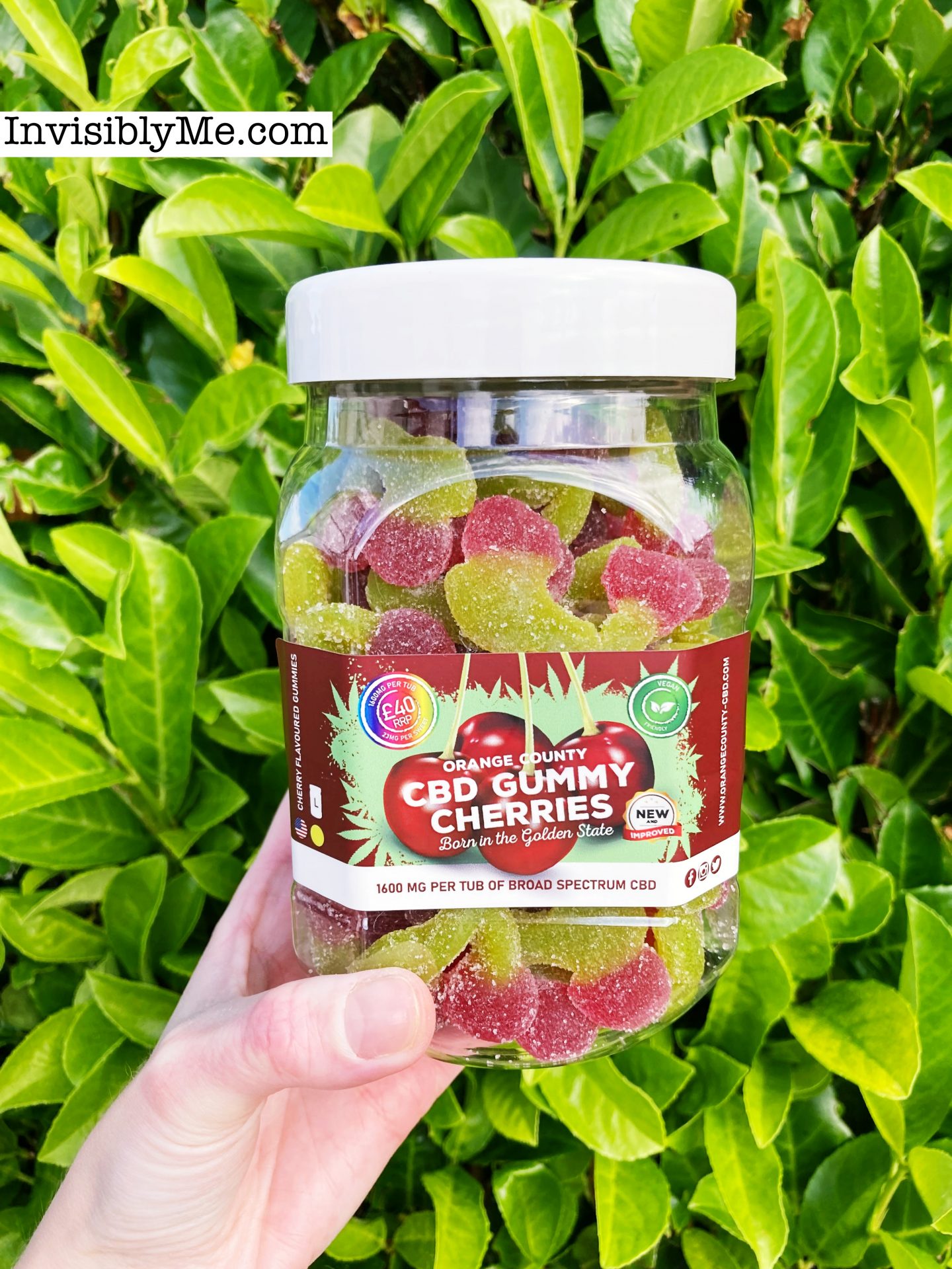 A photo of my hand holding the tub of Orange County CBD Gummy Cherries for this review in front of the green plant in my garden.