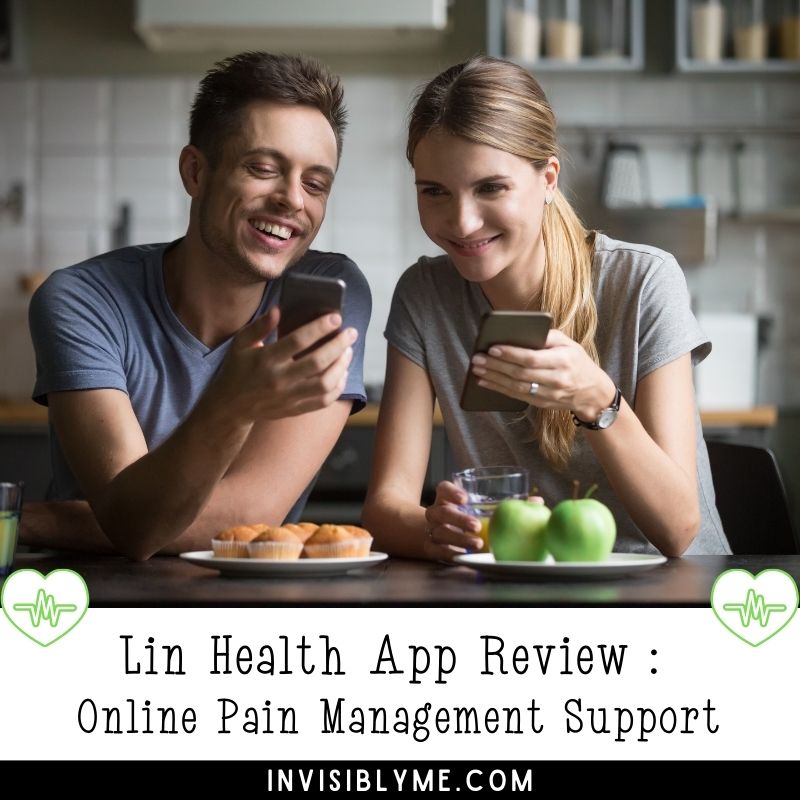 A man and a woman at a kitchen table with plates of muffins and apples in front of them. They're both holding mobile phones and smiling. Below is the post title: Lin Health App Review, Online pain management support.